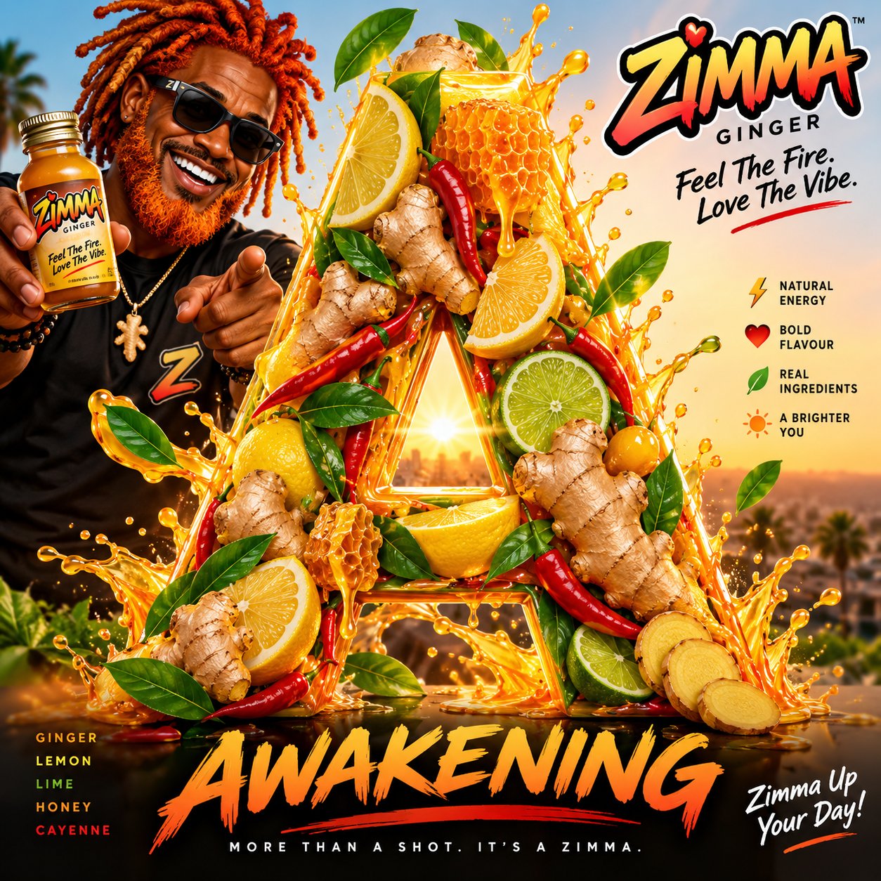 A man holding a bottle of Zimma Ginger beside a giant letter A built from ginger, lemon, lime, honey and chilli