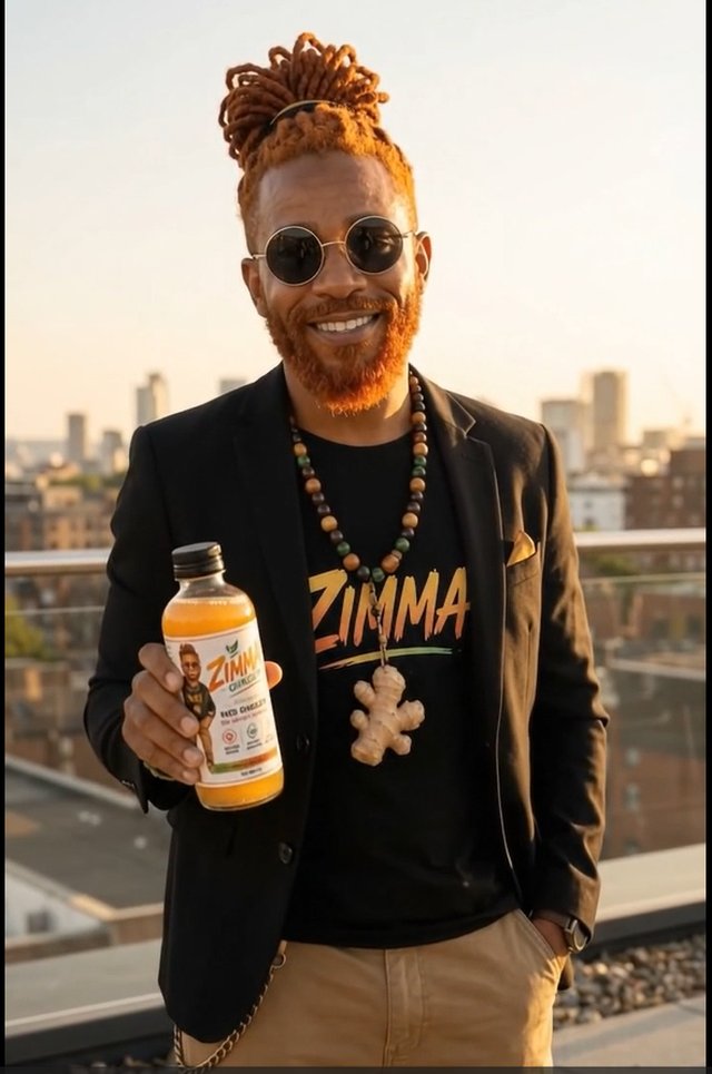 Zimma on a rooftop at golden hour, holding a bottle of Zimma Ginger